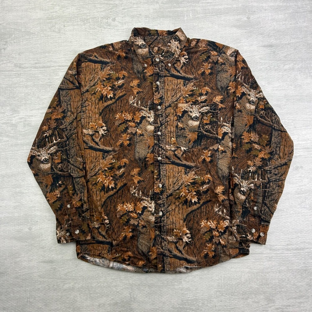 Vintage 90s Outdoor Life Camo Button Up Shirt Size Medium Brown Deer Grunge Hunt